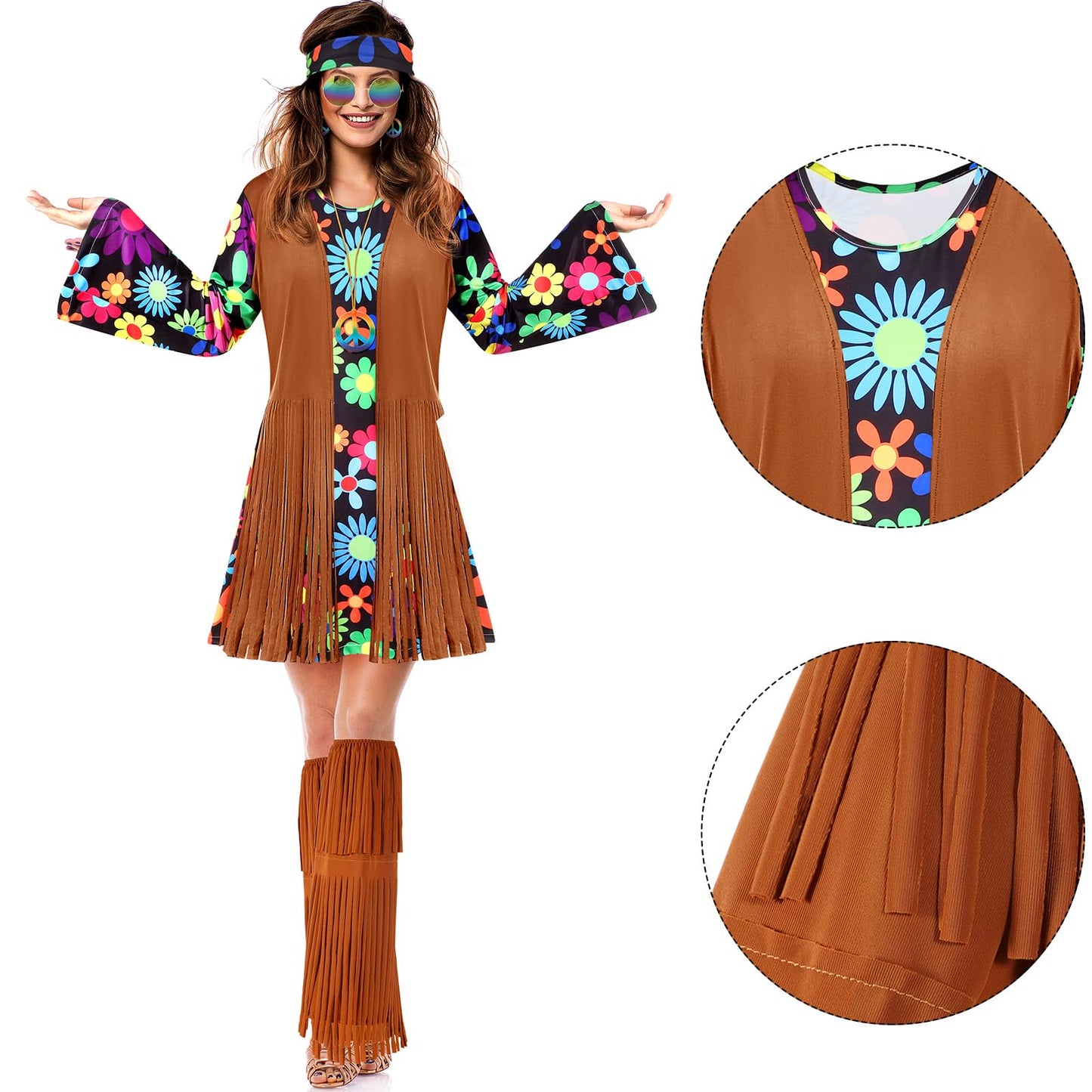 SATINIOR Hippie Costume Set Women 60s 70s Disco Outfits Halloween Party Dress Accessories for Adult(XL)