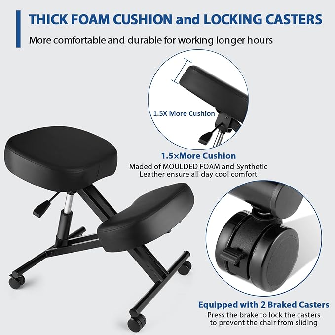 Ergonomic Office Kneeling Chair, Height Adjustable Stool with Thick Foam Cushions and Smooth Gliding Casters to Improve Posture and Relieve Pain, Multifunctional Design for Home and Office