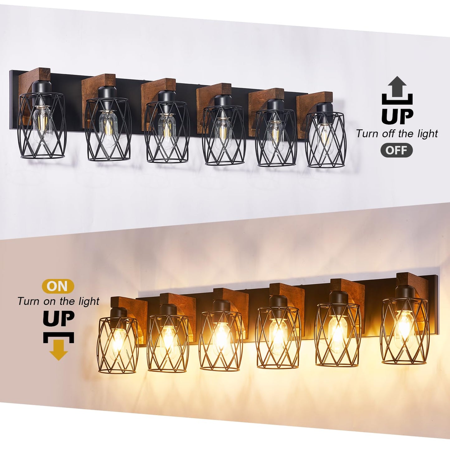 6-Light Farmhouse Vanity Light Fixtures Over Mirror, Black with Cage Metal Shade, Vintage Rustic for Bathroom, Hallway