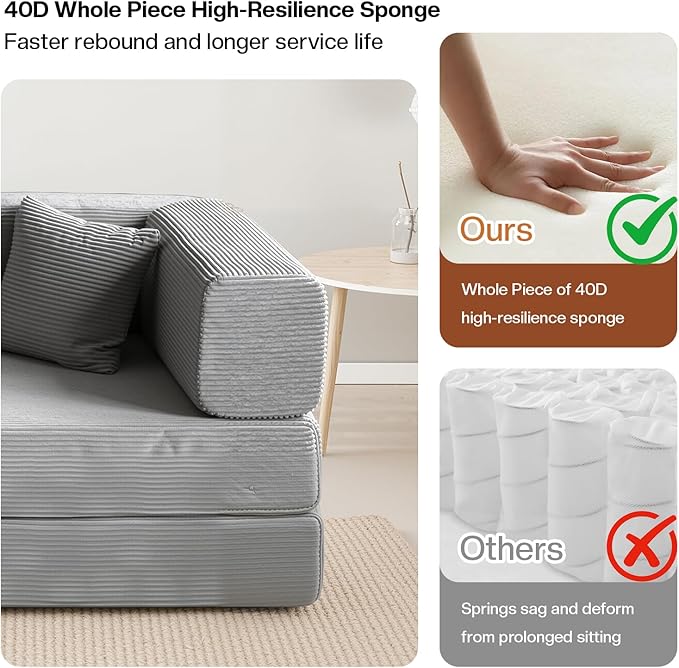 Kelyda 79 Inch Convertible Sofa Bed Couch in Box, 5 in 1 Folding Modular Boneless Couch with Pull Out Bed 2 Pillows, Soft Corduroy Floor Futon Lounge Loveseat Sleeper Lazy Cama No Assembly Light Grey