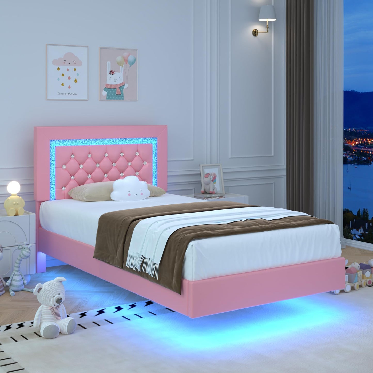 Pink Floating Bed Frame Twin with LED Lights, Upholstered Platform Bed with Diamond Tufted Headboard, No Box Spring Needed, Noise Free, Easy Assembly