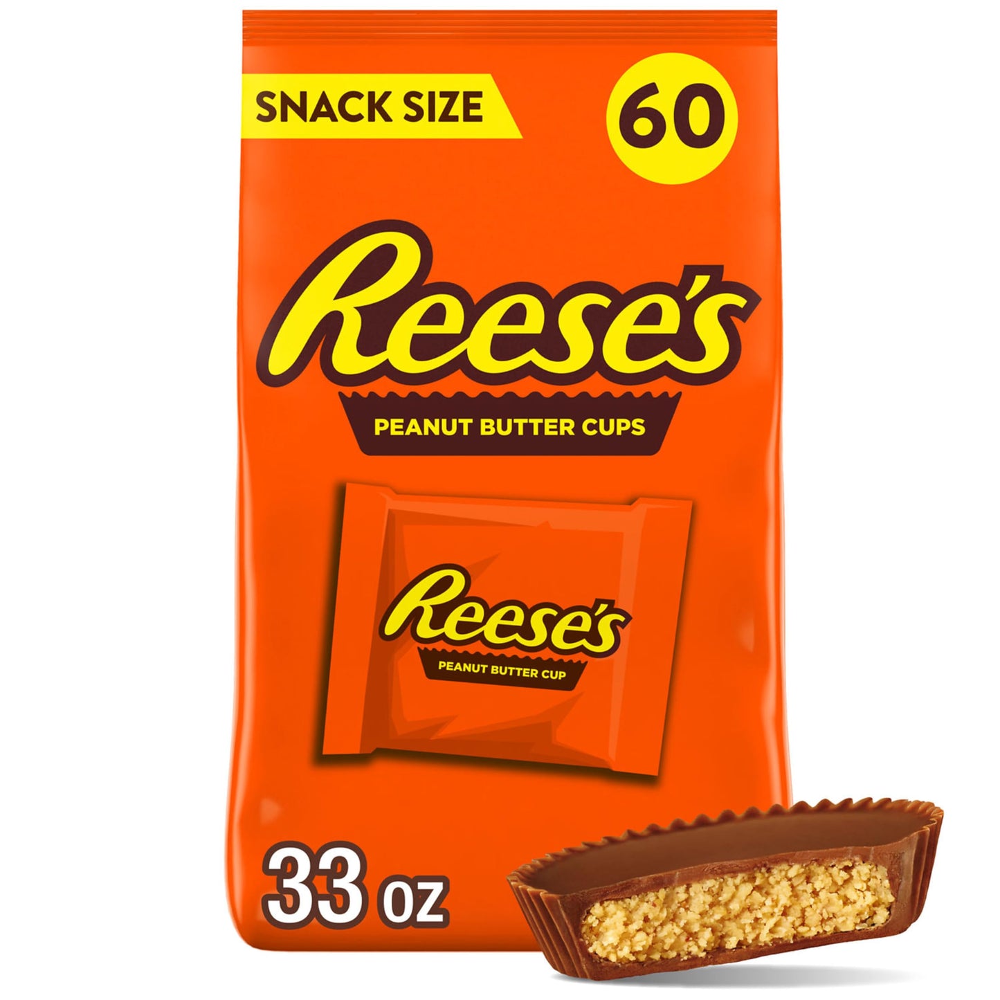 REESE'S Milk Chocolate Snack Size Peanut Butter Cups, Candy Bag, Halloween Candy, 33 oz (60 Pieces)