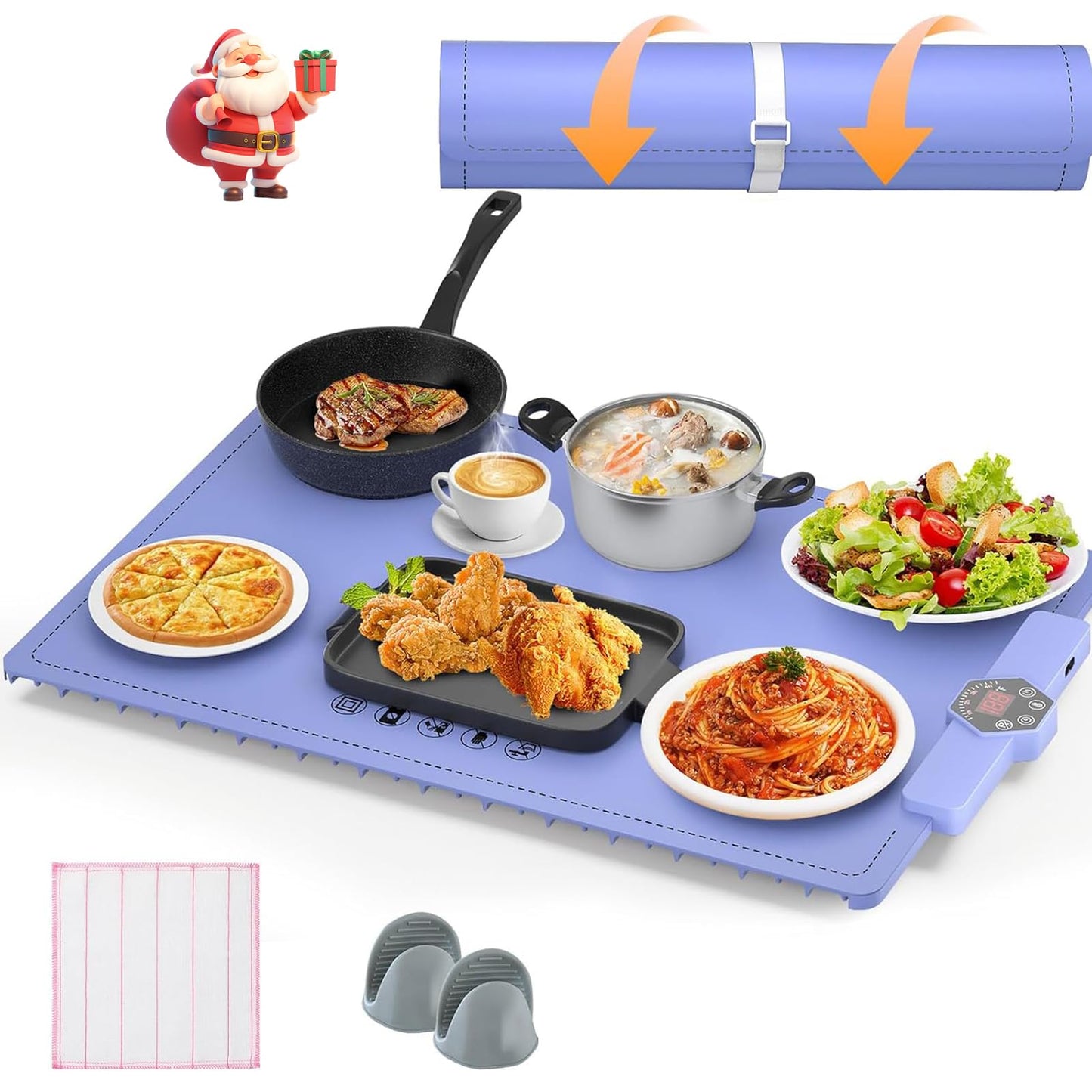 CJC Warming Mat for Food-Electric Warming Tray and Full Surface Heating,5 Temp Settings,4H Timer,Rollable Portable,24H Heating by Appointment,with 2M Cable,for Parties Gatherings Daily Use（Blue）