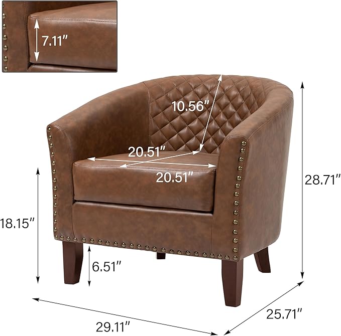 UIXE Faux Leather Accent Chair, Barrel Club Chair Modern Upholstered Armchair for Living Room, Comfy Round Arm Chair Single Sofa Bedroom Reading Seat - Brown