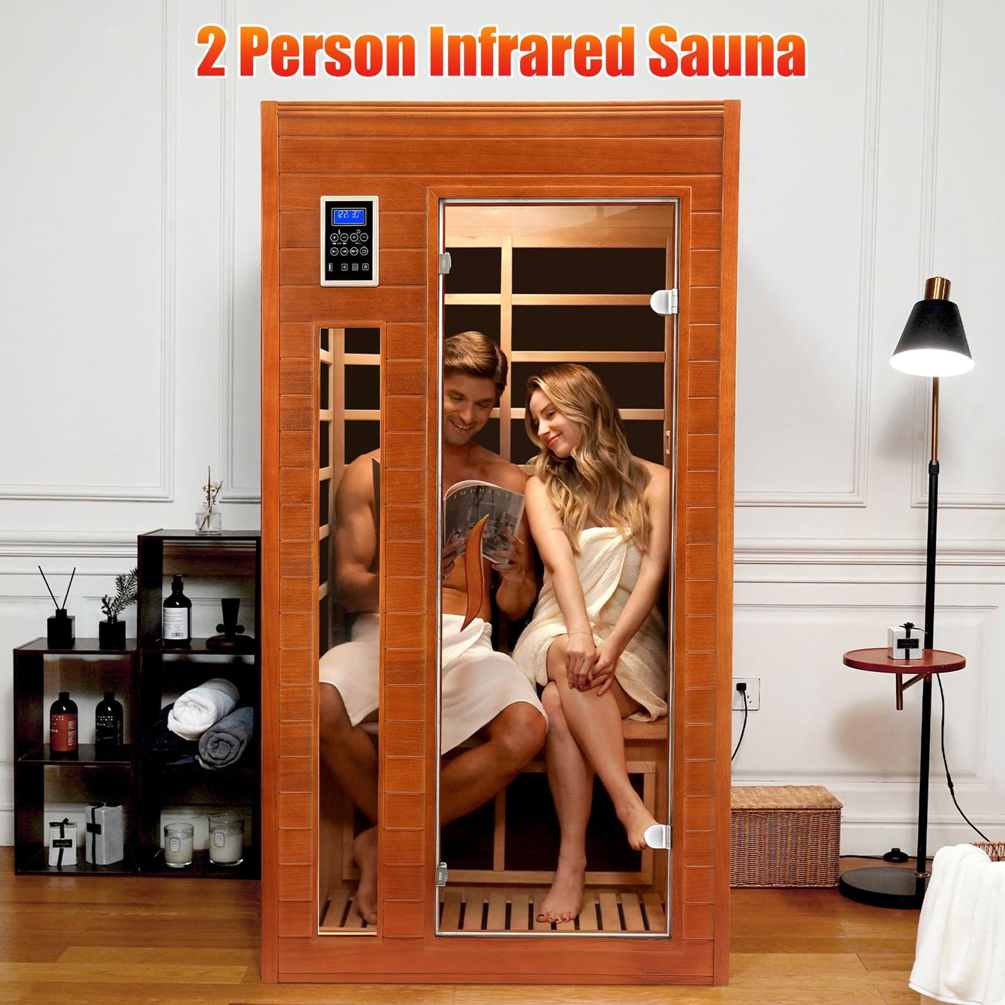 X-Vcak 1-2 Person Infrared Sauna, Dry Heat Sauna with Red Light Therapy, Bluetooth, Radio, 7-Color Therapy Light for Home, Indoor, Gym, Wellness Center, 36″ x 36″ x 73″, Brown
