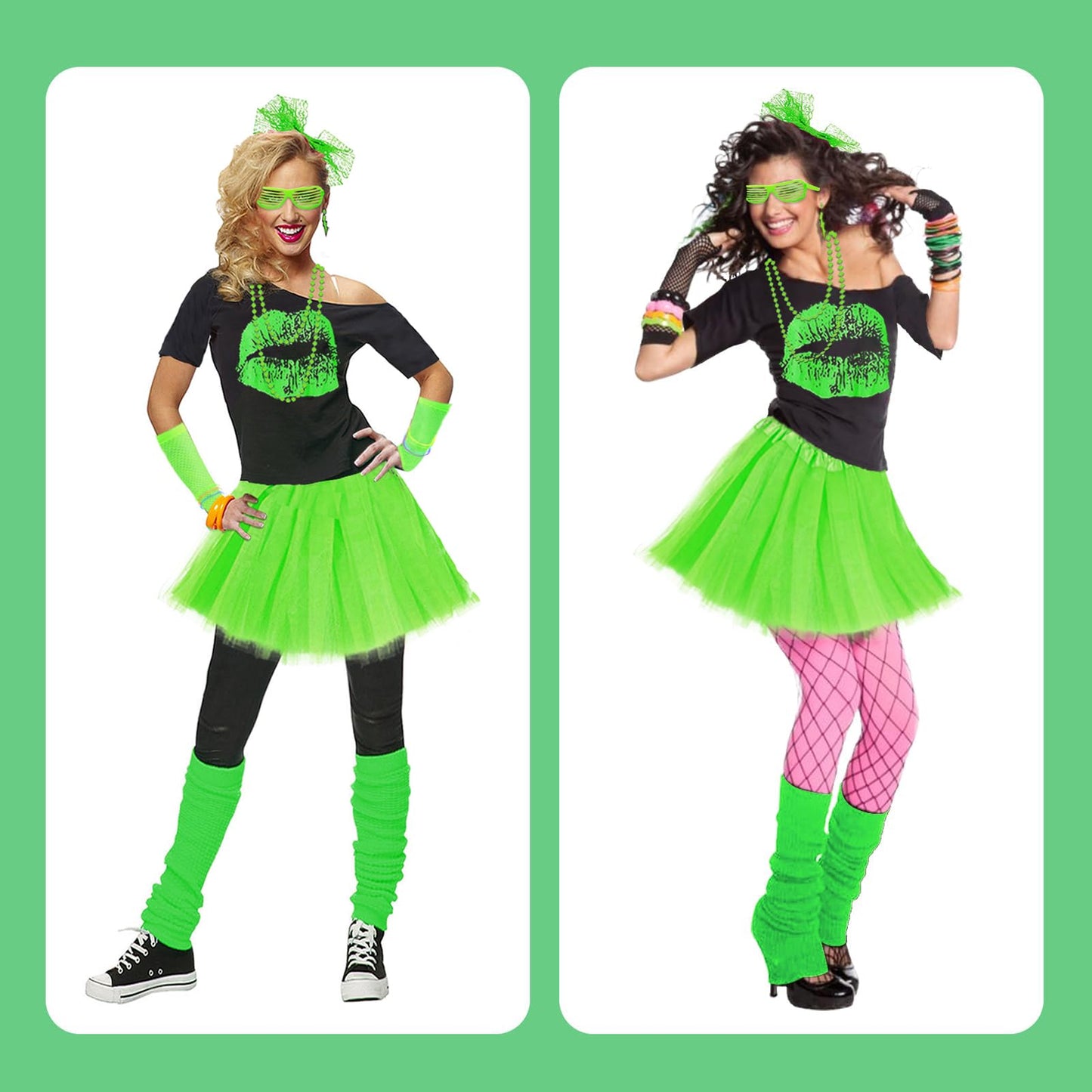 RonFoxi Plus Size 80s Costumes Accessories Setsfor Women,Retro 80s Clothing Green Tutu Skirt T-Shirt for Themed Party(Green-2XL)