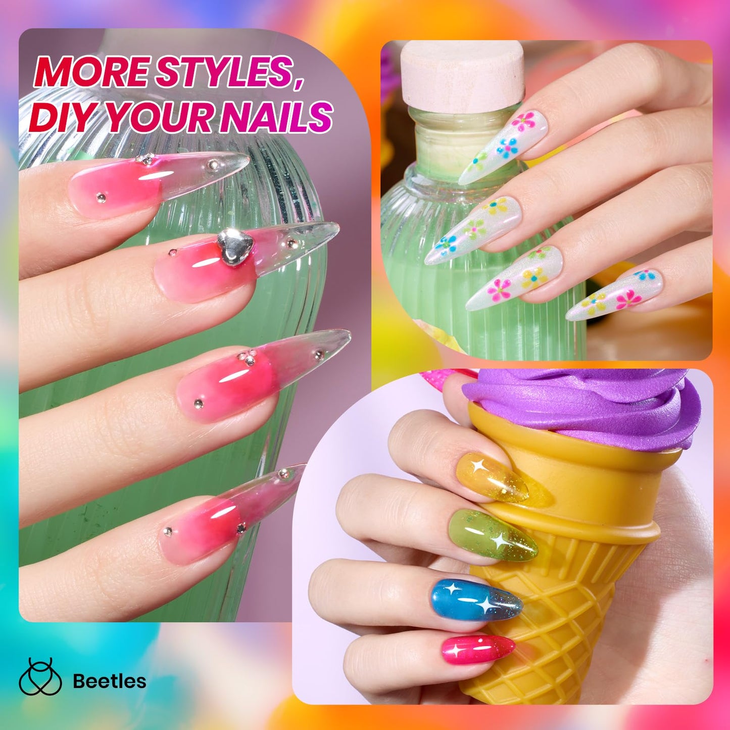 Beetles Jelly Gel Nail Polish Set, 6 Colors Summer Neon Gel Nail Polish Kit Sheer Transparent Effect Hot Pink Red Blue Yellow Gr