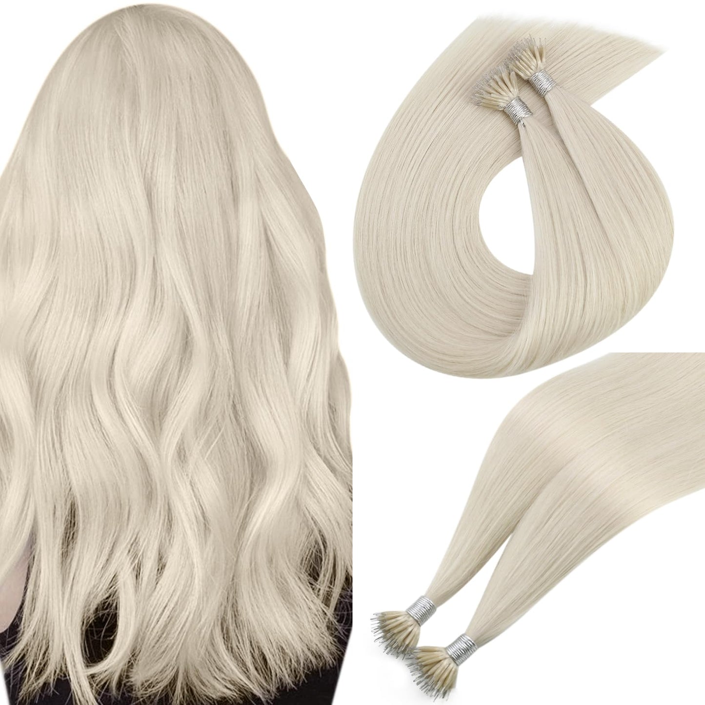 Easyouth Nano Extensions Human Hair Blonde Nanos Ring Hair Extensions White Blonde Nano Beads Extensions Glamorous Hair 14 Inch