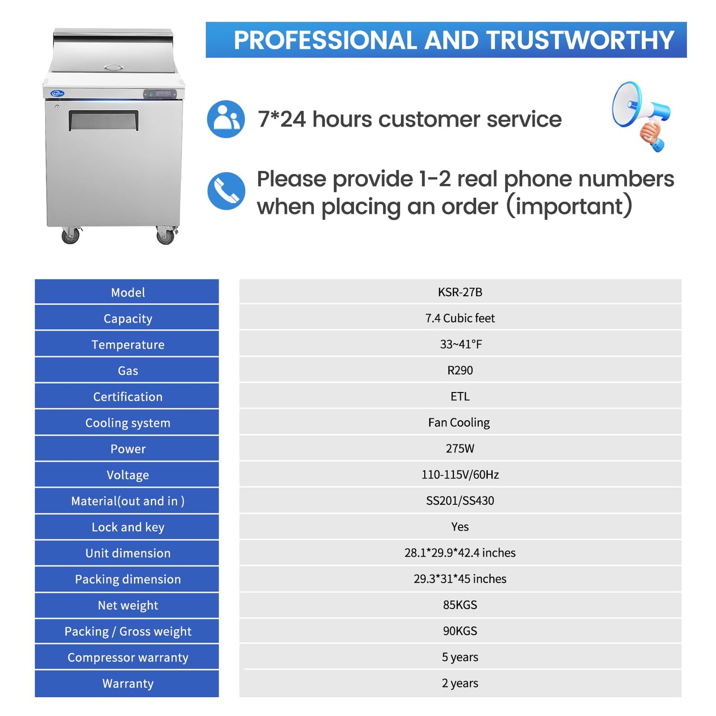 kalifon 27" W 1 Door Refrigerator Sandwich Salad Prep Table Commercial Stainless Steel Fan Cooling Refrigerator with Cutting Board, 1 Shelves & 8 Pans for Restaurant, Bar, Shop-7.4 Cu.ft