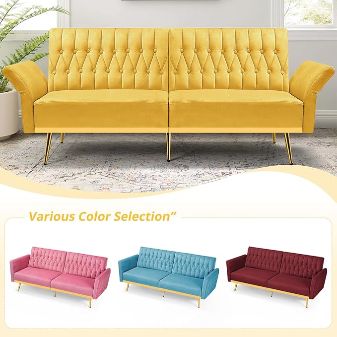ACMEASE 70” Velvet Futon Sofa Bed w/Adjustable Armrests & 2 Pillows, Convertible Futon Couch w/Adjustable Backrests, Modern Sleeper Bed for Living Room, Bedroom, Yellow