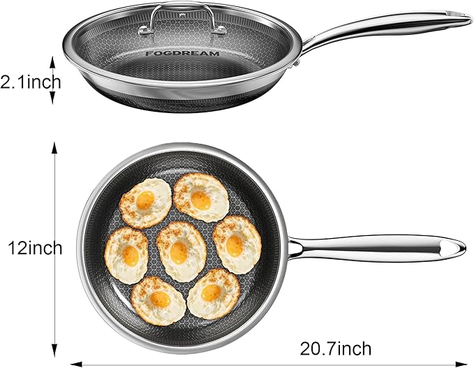 FogDream 12 Inch Non Stick Frying Pans, Stainless Steel Skillet with Tempered Glass Lid Tri-Ply Stainless Steel for All Cooktops, Dishwasher & Oven-Safe Cooking Pan, Stay-Cool Handle, Silver