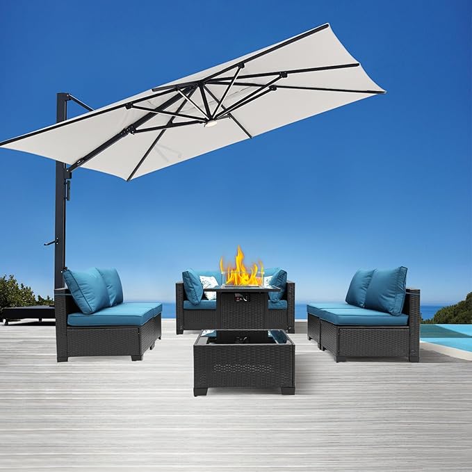 3D MATRIX 8 Pieces Patio Furniture Set with 28" Fire Pit Table, Wicker Outdoor Sectional Couch, Rattan Conversation Set for Backyard, Deck, Garden Lawn, Coffee/Peacock Blue