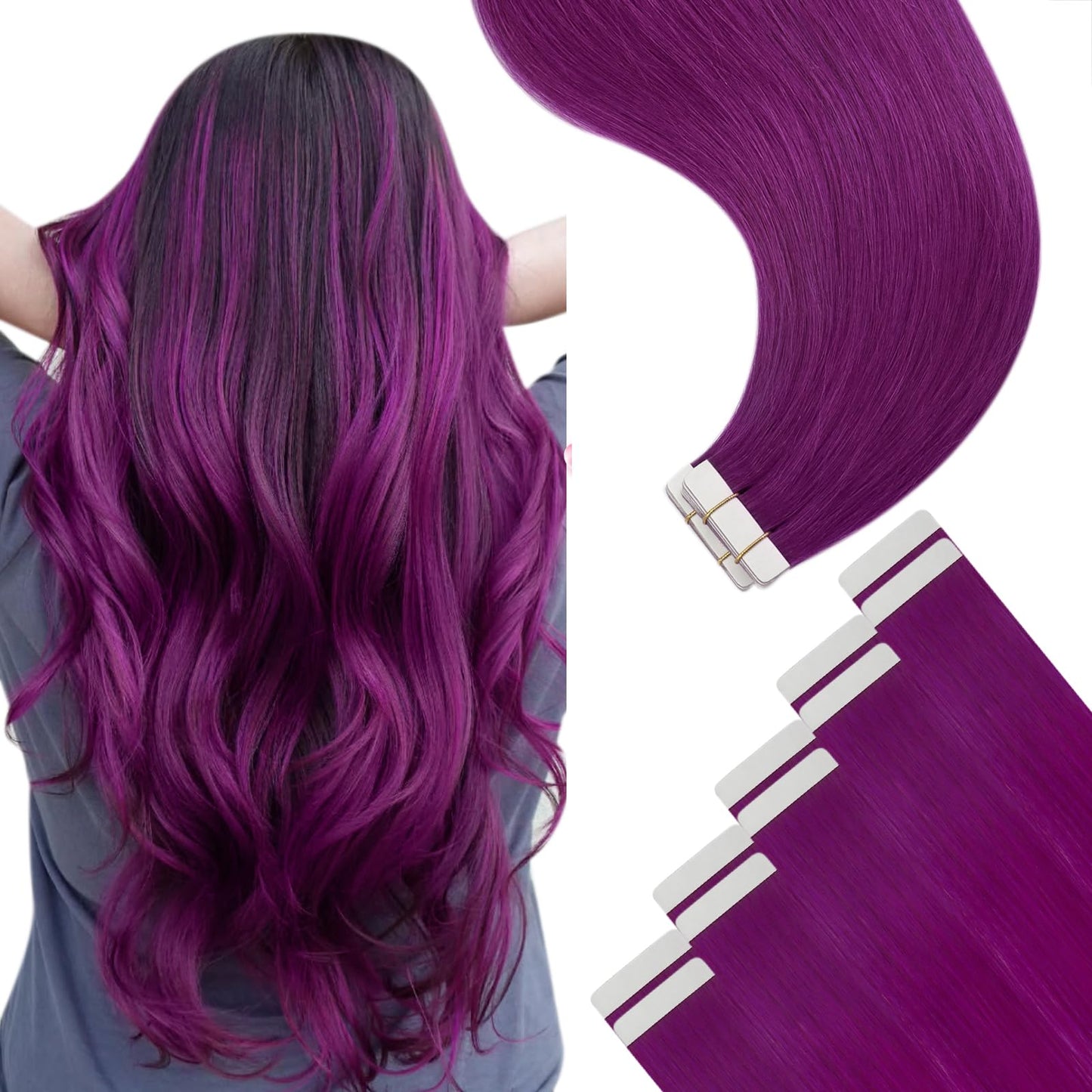 YoungSee Tape in Hair Extensions Human Hair Purple Tape Extensions Human Hair Purple 22In Colorful Tapein Hair Extensions Real H