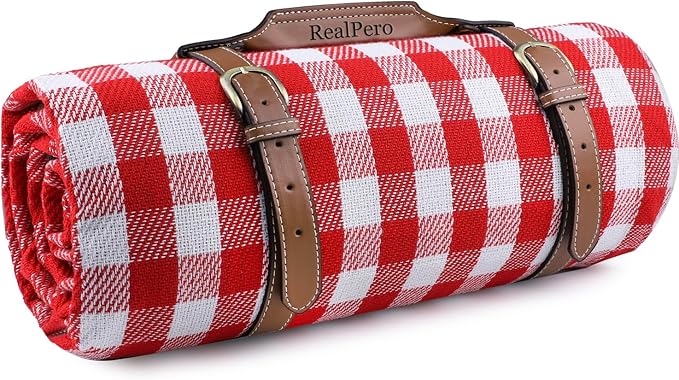 RealPero Extra Large Picnic Blanket Waterproof Camping Mat Rug with PU Carrier Soft Lightweight Portable Outdoor Mat for T...