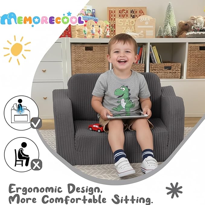 MeMoreCool Toddler Chair Comfy for 1-3 Years Old, Corduroy Kids Couch Bed Fold Out, 2-in-1 Foldable Baby Lounge Chair, Pull Out Children Sofa Bed, Dark Grey