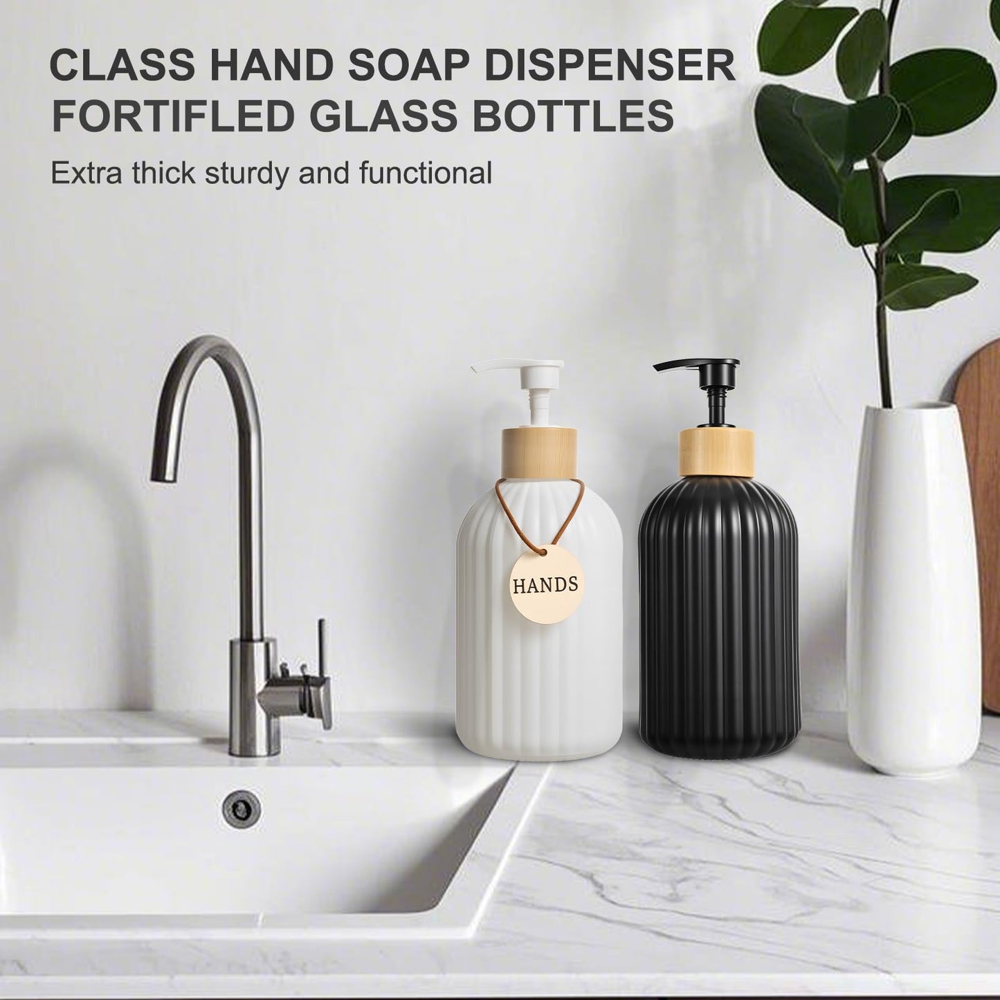 2 Pack ViserVita Glass Hand Soap Dispenser Set with Bamboo Pump, Elegant Refillable Liquid Dish Soap Dispenser, Perfect for Kitchen Sink and Bathroom Decor