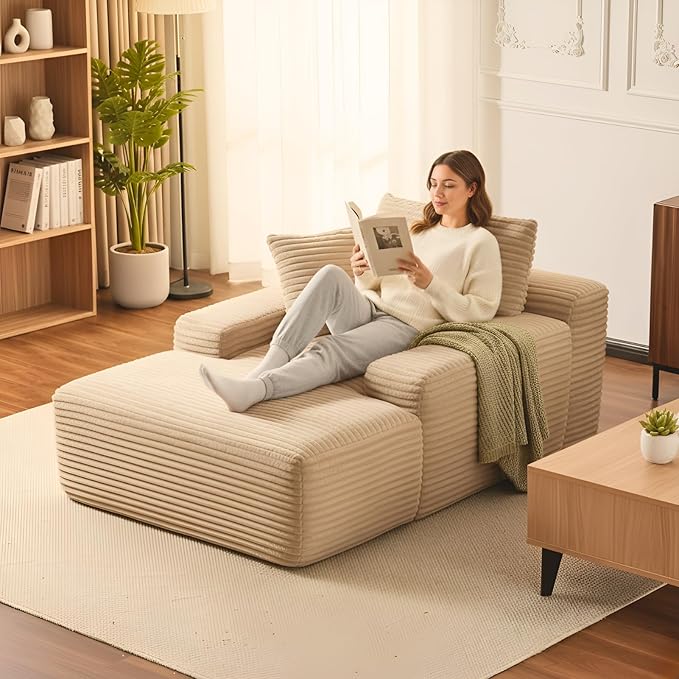 Alpen 66" Oversized Chaise Lounge, Boneless Couch Indoor, Corduroy Couch Boneless Sofa Chair for Reading with Wide Armrest and 3 Throw Pillows, No Assembly Required, Beige