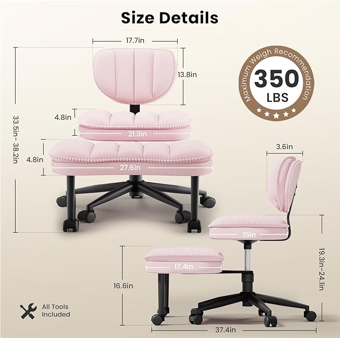 Cross Legged Office Chair, Ergonomic Cloud Criss Cross Desk Chair, Meditation Chair with Wheels, Height Adjustable Seat for ADHD, Wide Kneeling Chair with Back Support, Pink
