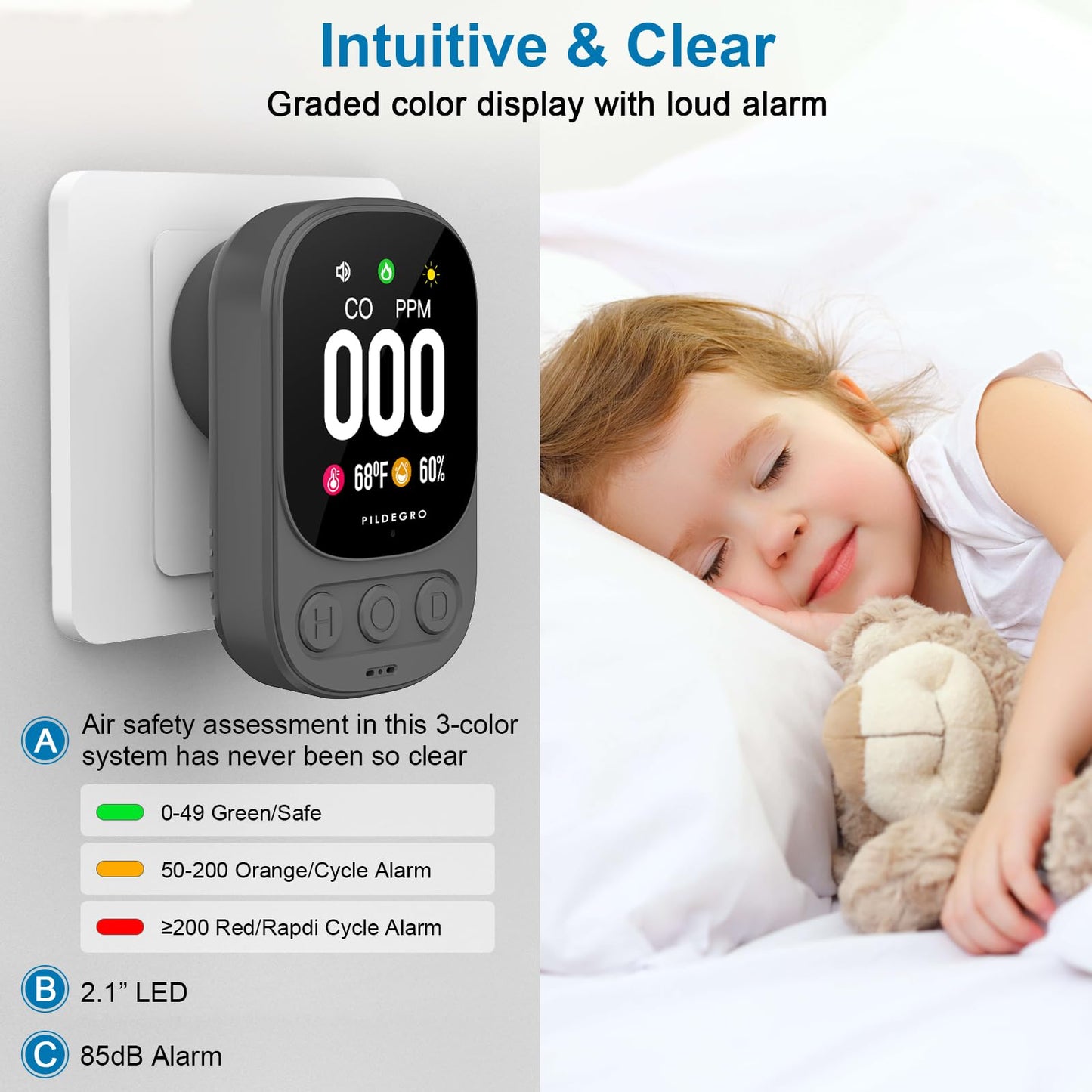Pildegro 3-in-1 Carbon Monoxide Detector Plug in, Professional 2.1" LED Plug-and-Play Real-Time CO Monitor with Temp & RH, Premium Portable Travel CO Alarm with 85dB Loud Alarm (Grey/Timeless)