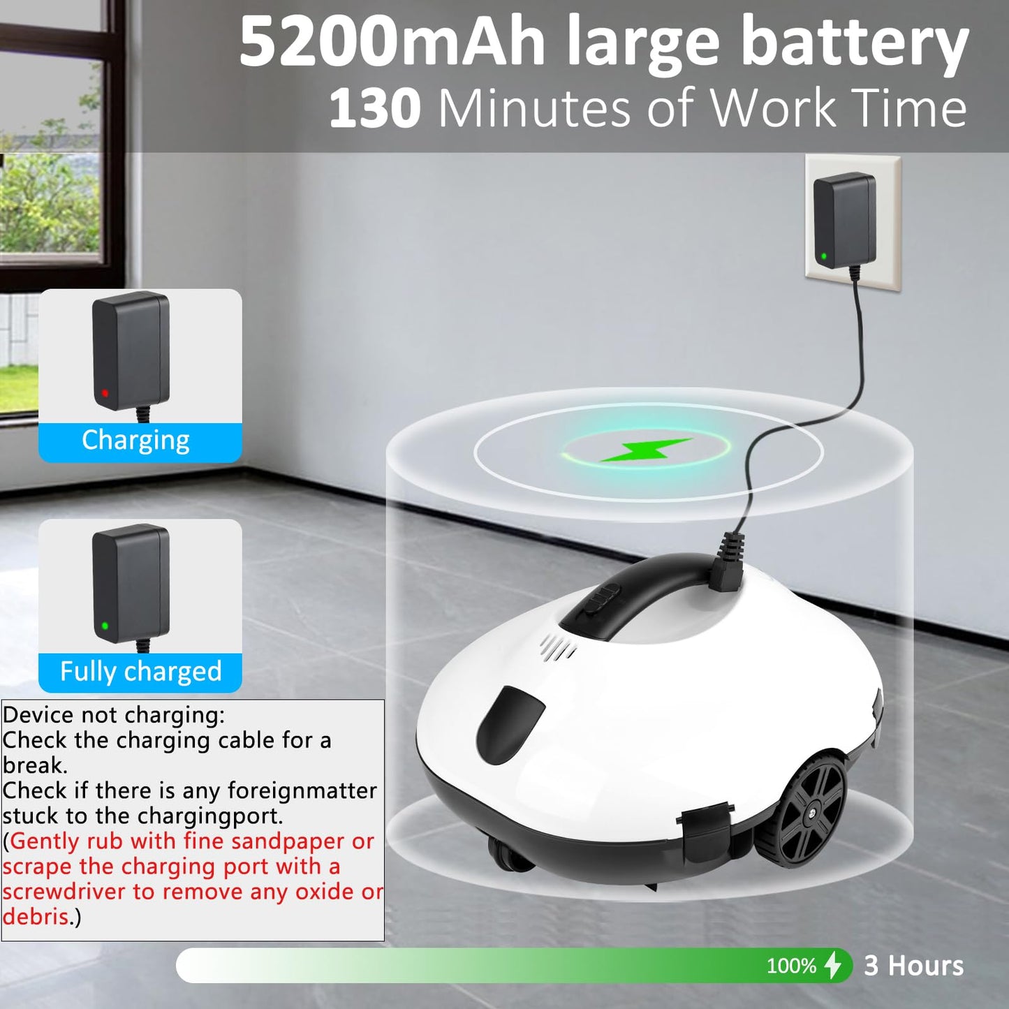 TCEUMIK 130 Mins Runtime Cordless Robotic Pool Cleaner Portable Lightweight Automatic Vacuum Self-Parking 5200mAH Fast Charging Powerful for Above-Ground Swimming Pool up to 861Sq.ft (White)