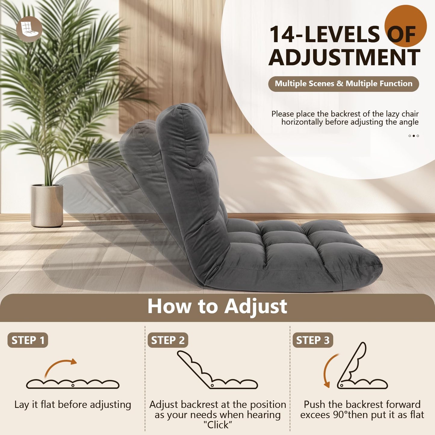 Floor Chair with Back Support, Folding Sofa Chair with 14 Adjustable Position, Padded Sleeper Bed, Couch Recliner, Floor Gaming Chair, Meditation Chair, Floor Lazy Sofa Chair for Adults & Kids