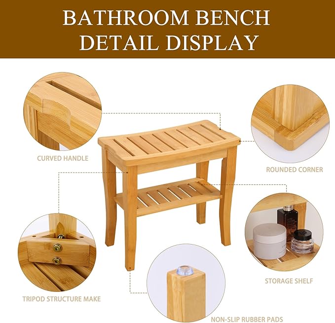 VVW 19 Inch 2-Tier Bamboo Shower Bench Bathroom Bench Seat with Storage Shelf, 2-Tier Wooden Spa Seat Bath Stool for Adults Women Elderly Seniors Wood Shower Chair for Bathtub or Small Spaces(Beige)