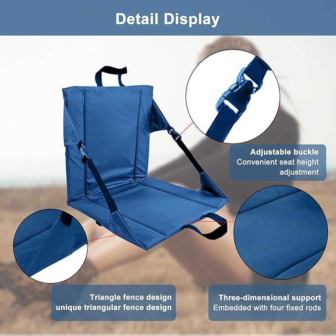 LynsaTac Folding Stadium Seat Cushion with Backrest, Portable Bleacher Pad for Camping, Fishing,15.8'' x 16.5'',Lightweight Chair with Backrest for Outdoor Sports and Concerts (Blue)