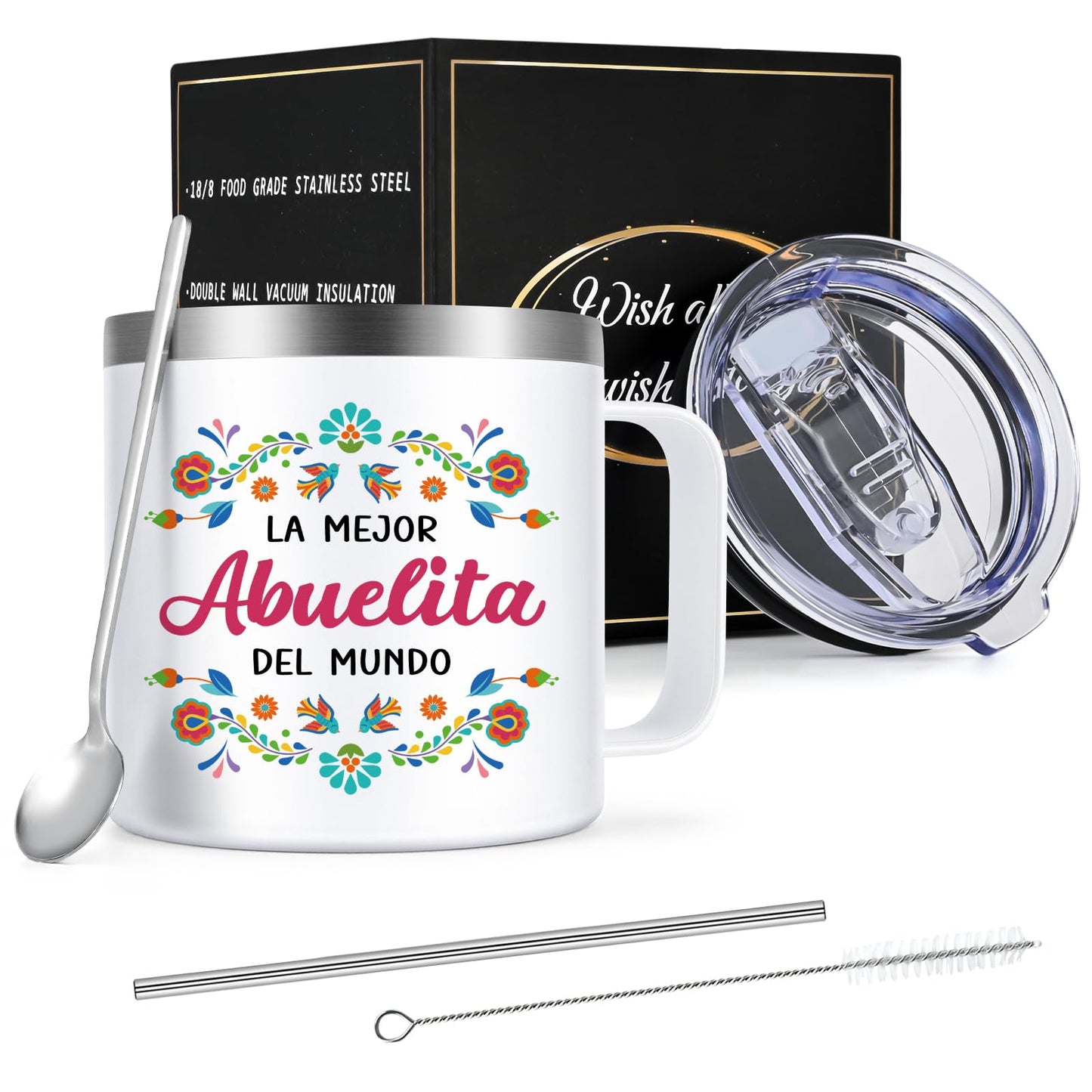 Qtencas Abuela Gifts, Grandma Gifts, La Mejor Abuelita Del Mundo 14 Oz Insulated Coffee Mug, Abuelita Gift in Spanish for Mothers Day Birthday Christmas, Abuela Mug Gift for Grandma In Spanish