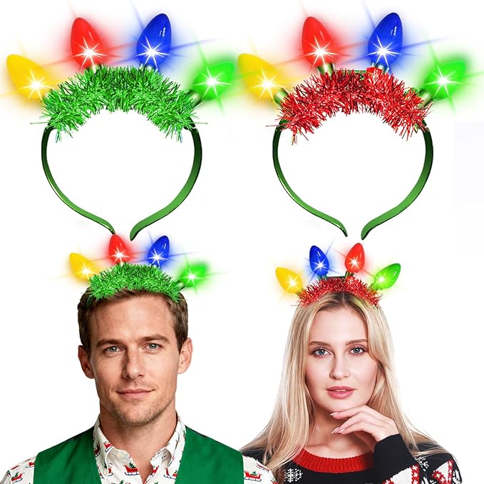 TURNMEON 2 Pack Light up Christmas Headbands, 3D Colored Bulb, 6 Lighting Modes, Xmas Light Necklace New Year Eve Party Fa...