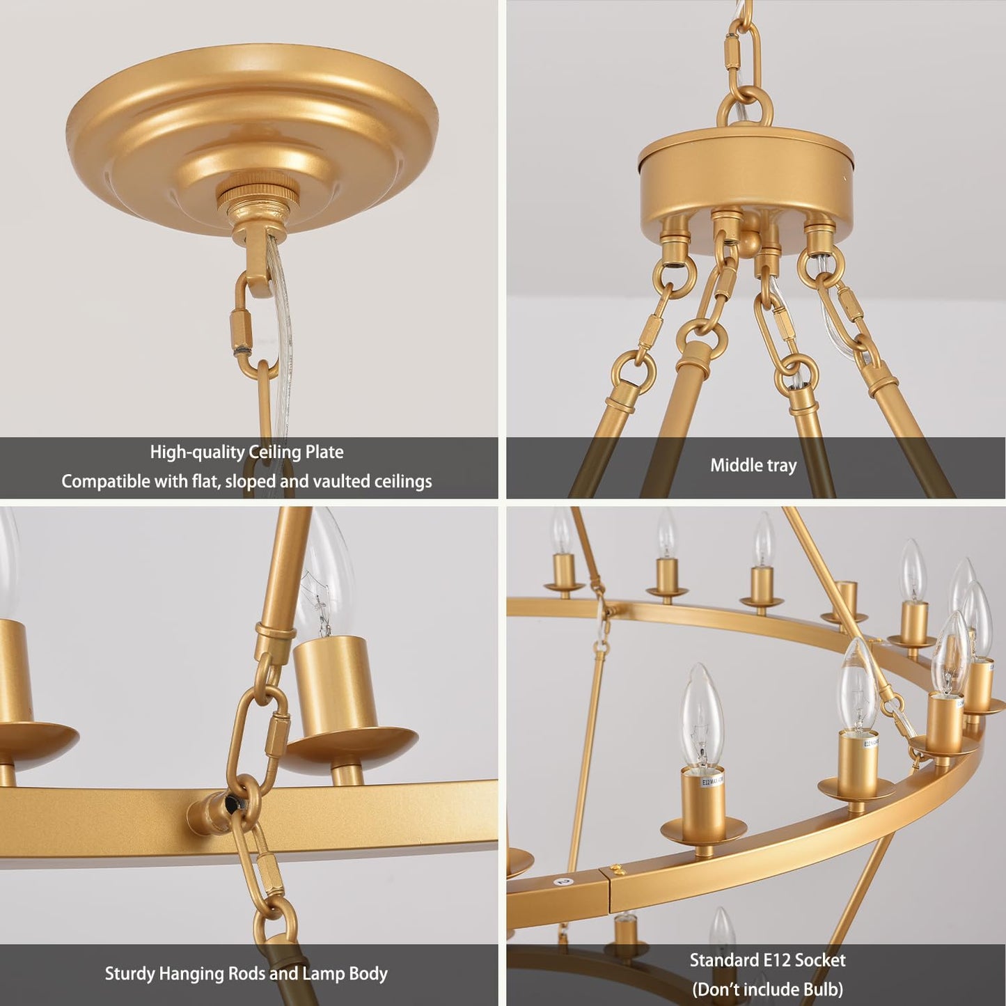 JKLX 48 Inch 2 Tier Gold Extra Large Wagon Wheel Chandelier 36-Lights Farmhouse Industrial Round High Ceiling Pendant Light Adjustable Chain, for Dining Room, Living Room