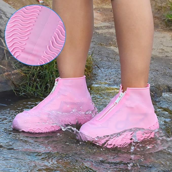 Waterproof Shoe Covers, Silicone Reusable Shoe Cover Non-slip Durable Zipper Elastic Rain Cover Protection for Men Women (XL (Women 11-13, Men 9.5-13), Pink)