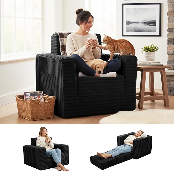 Welnow Folding Sofa Bed with Ottoman, Convertible 2-in-1 Boneless Couch Futon Lounge Chair Bed for Adults, Comfy Fold Out Sleeper Sofa for Small Spaces, Living Room, Bedroom, or Dorm, Black
