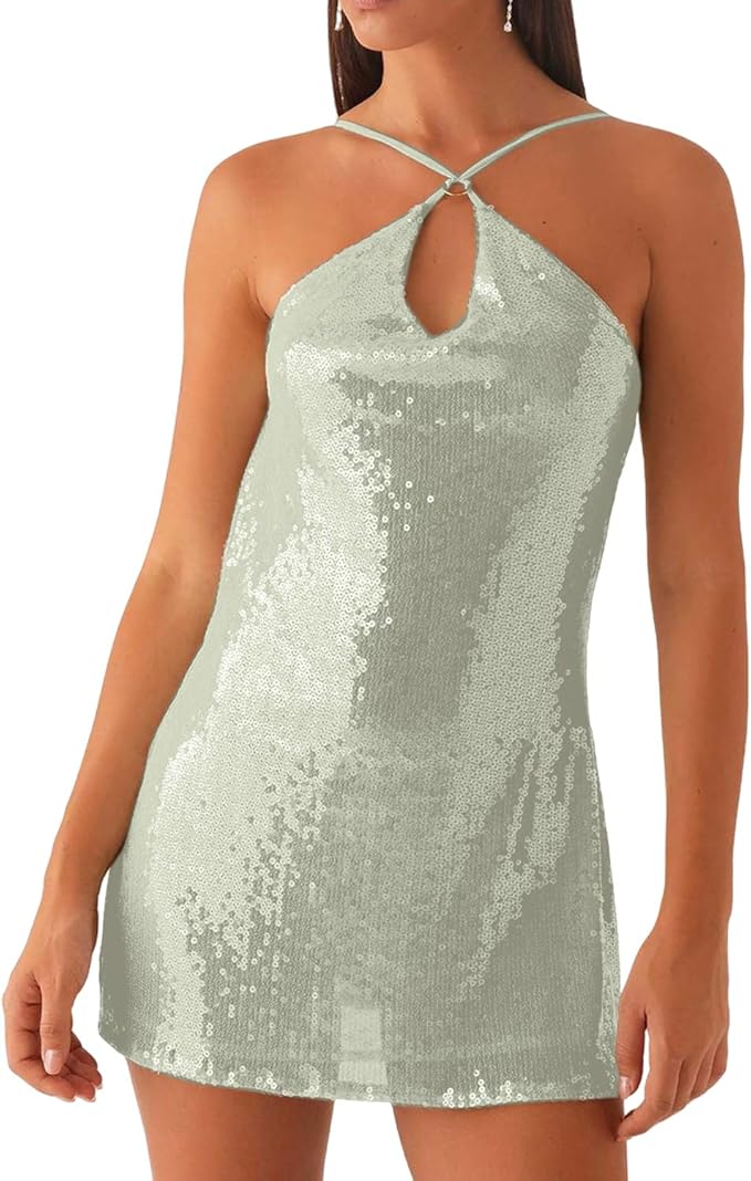 Women's Sequin Bodycon Mini Dress Sparkly Dress Sexy Criss Cross Open Back Short Dress