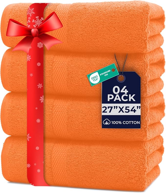 DAN RIVER Bath Towels Set of 4, 27 x 54 Inches, 100% Cotton, Larger & Lighter Weight, Quicker to Dry, Super Soft and Absorbent, Ideal Bathroom Towels Set for Daily Use, Orange