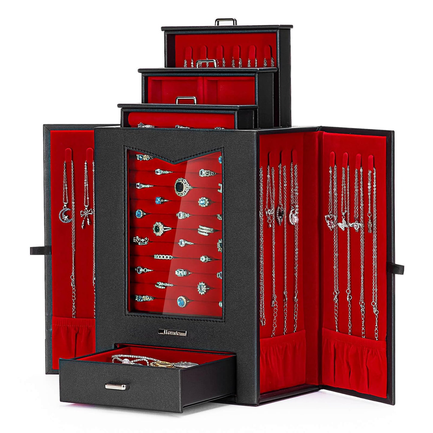 Homde Jewelry Organizer with Transparent Window Necklace Hooks Gift for Women Jewelry Box Display Case for Necklaces Rings Earrings Bracelets and Other Accessories (Black + Red)