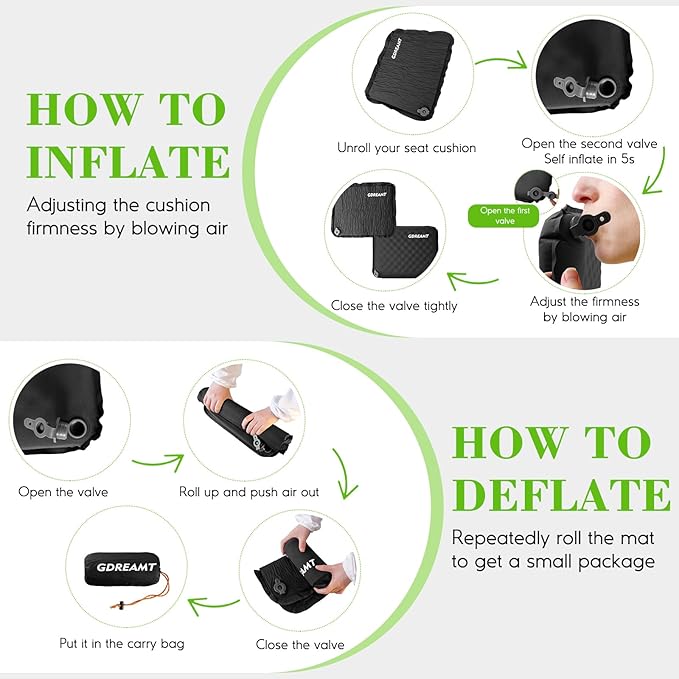 GDREAMT Inflatable Seat Cushion, Self-Inflating Memory Foam Stadium Seats Cushion Lightweight & Compact Chair Sitting Pad Airplane Cushion for Long Flight Travel Outdoor Camping Car Bleachers Office