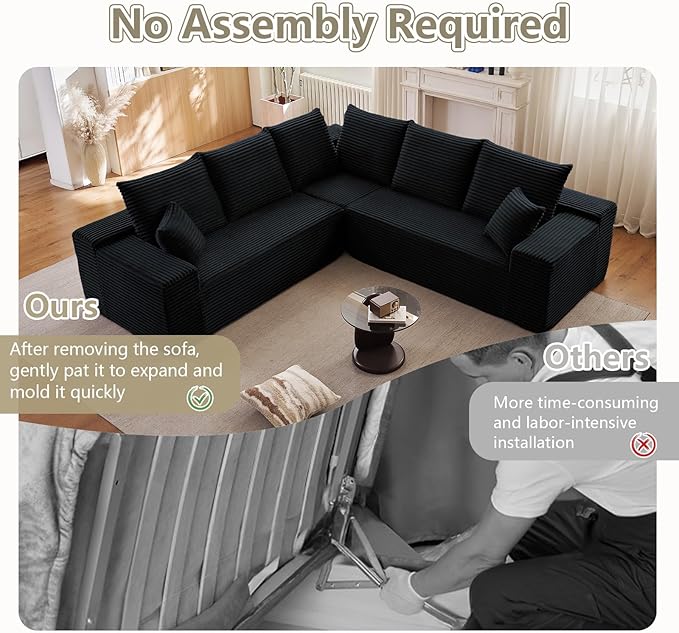 Sectional Cloud Couch for Living Room, Modular Floor Deep-Seat Sofa, Big Comfy Corduroy Couches Set with Fluffy Memory Foam, Stupendous L Shaped Sofas with Chaise, No Assembly Required, Black