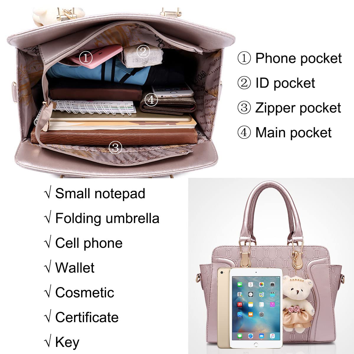 YOUNXSL Women's Fashion Handbags Tote Bags Shoulder Bag Top Handle Satchel Purse Set 4pcs Grey