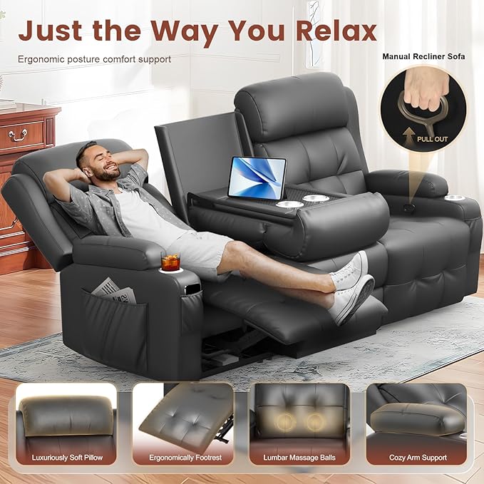 Aotolo Recliner Sofa, Massage Reclining Sofa 3 Seater Sets Heavy Weight Capacity, RV Loveseat Couch Clearance with Flip Back Console, Storage, Cup Holders, Wall Hugger Reclining Couch for Living Room