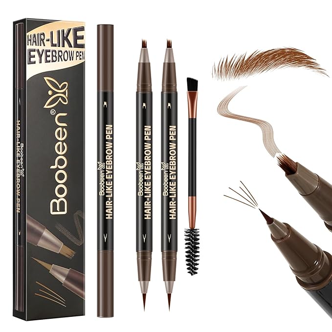 Boobeen 3pcs Waterproof Eyebrow Pen，Dual-Ended Eyeliner Microblading Eyebrow Pencil for Women，Long Lasting Hair-Like Brow Pen with Brow Brush，Dark Brown