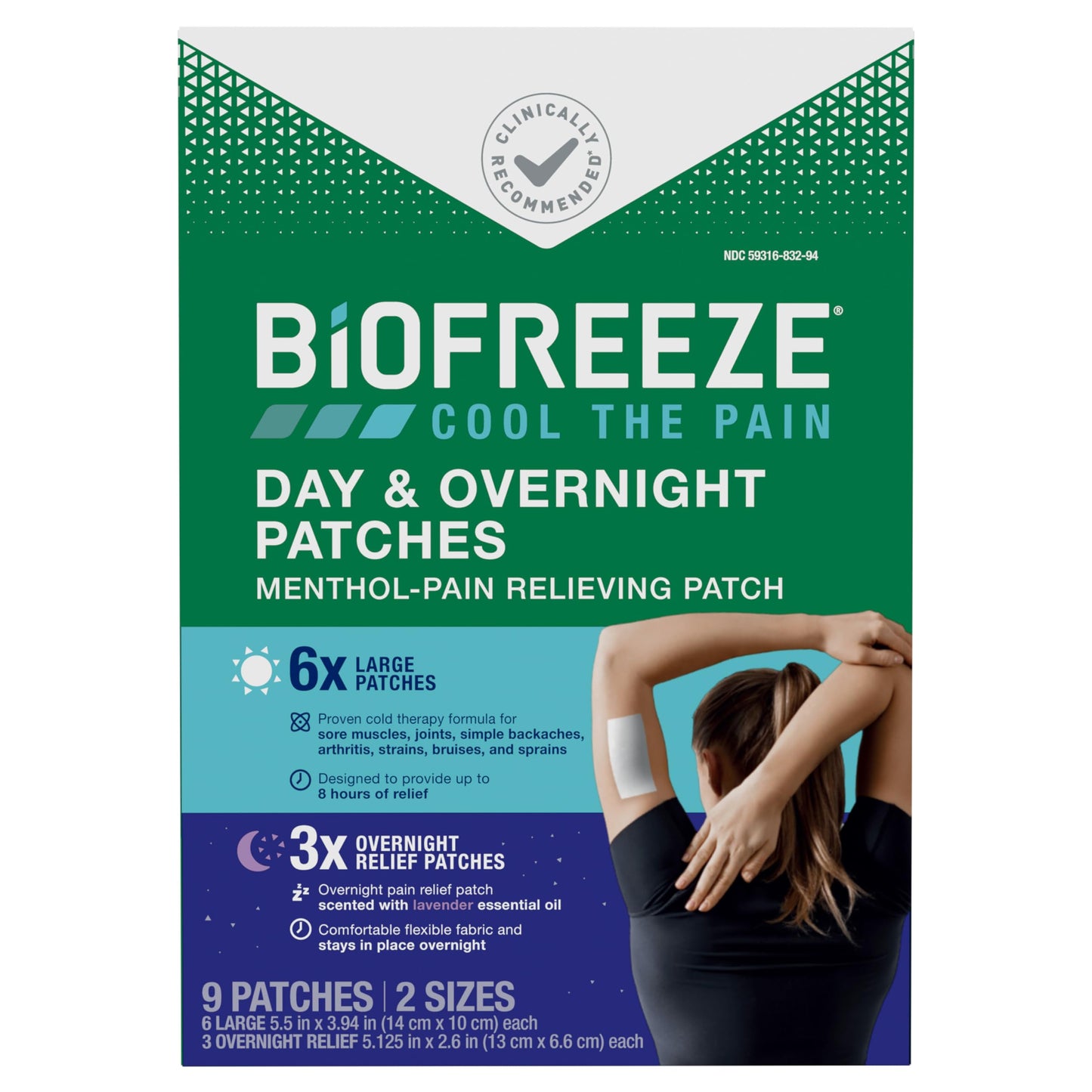 Biofreeze Day & Overnight Pain Relief Patches, Menthol Pain Patches for Arthritis & Muscle Pain Relief, Comfortable & Flexible Fabric Stays in Place, FSA/HSA Eligible, 9 Patches (6 Day, 3 Night)