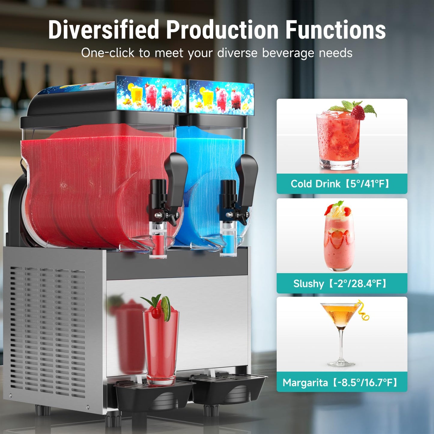 Mirfee 30 L Commercial Slushy Machine with LED Light, 15-45 Minutes to Make，15L×2 Tanks Commercial Frozen Drink Machine, 110V Margarita Slushie Maker, for Wine Cocktails, Daiquiri Juice