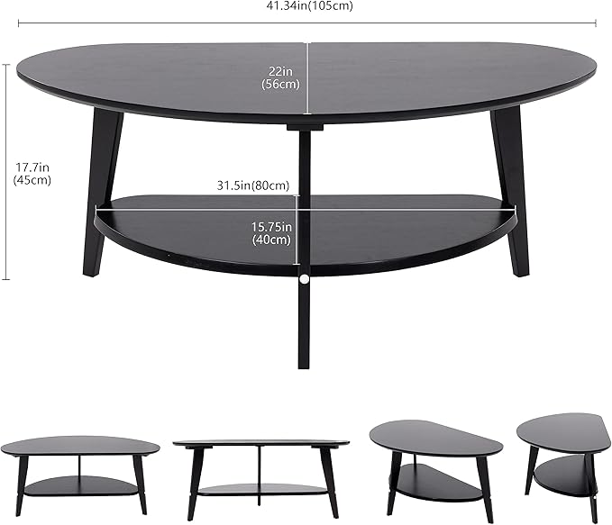 NAVREX Mid Century Modern Coffee Table, Oval Coffee Tables with Storage for Living Room, 2 Tier Solid Wood Center Table, Black Coffe Tables, Easy Assembly, 40.2" D x 22" W x 17.7" H