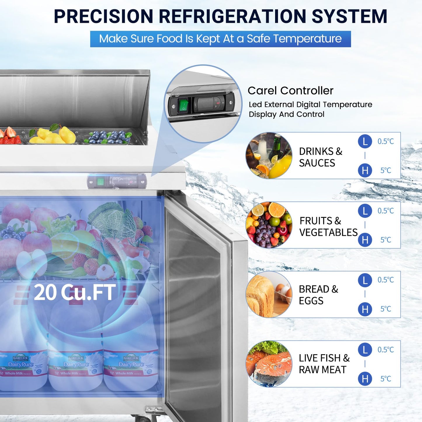 kalifon 72" W 3 Door Refrigerator Sandwich Salad Prep Table Commercial Stainless Steel Fan Cooling Refrigerator with Cutting Board, 3 Shelves & 18 Pans for Restaurant, Bar, Shop-20 Cu.ft
