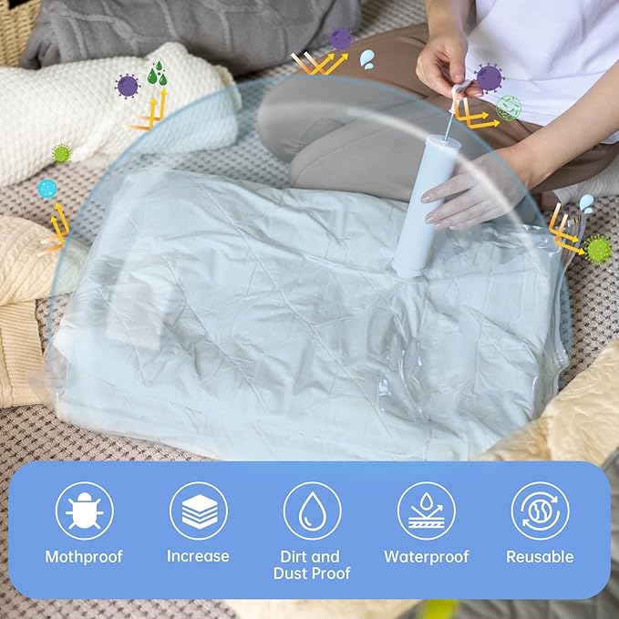 10 Large Vacuum Storage Bags, Vacuum Seal Bags for Clothing, Pillows, Comforters, Blankets, Space Saver Bags with Electric Pump