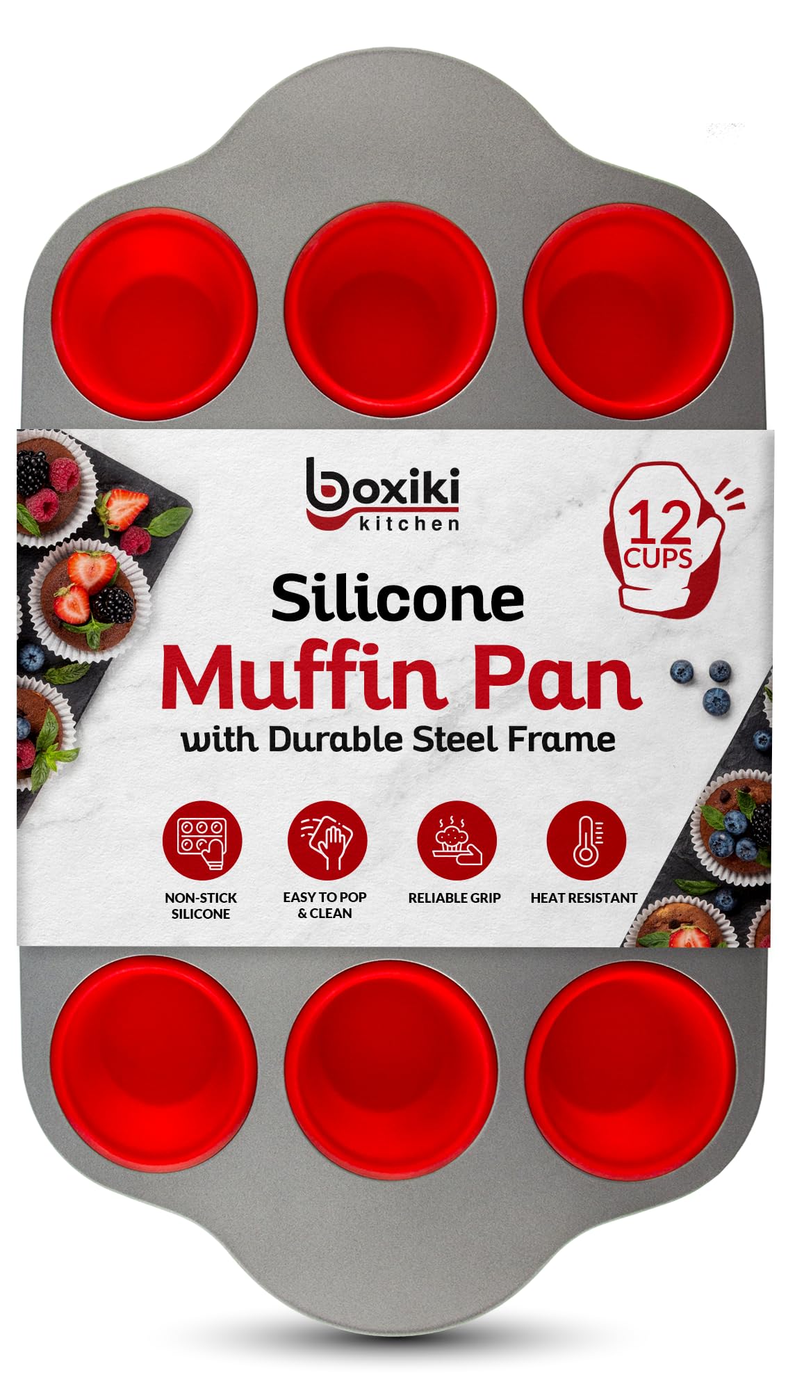 Boxiki Kitchen Non-Stick 12 Cup Silicone Muffin Pan With Steel Frame - BPA Free, Non-Toxic, Anti-Warp, Durable & Easy to Pop Silicone Muffin Tin - Perfect Cupcake Pan