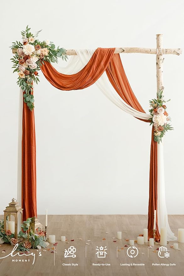 Ling's moment Fall Artificial Wedding Arch Flowers Kit Pack of 4, 2pcs Hanging Flower Arrangement 2pcs Drapes Ceremony Rose Arbor Backdrop Brunt Orange Terracotta Floral Party Autumn Outdoor Decor