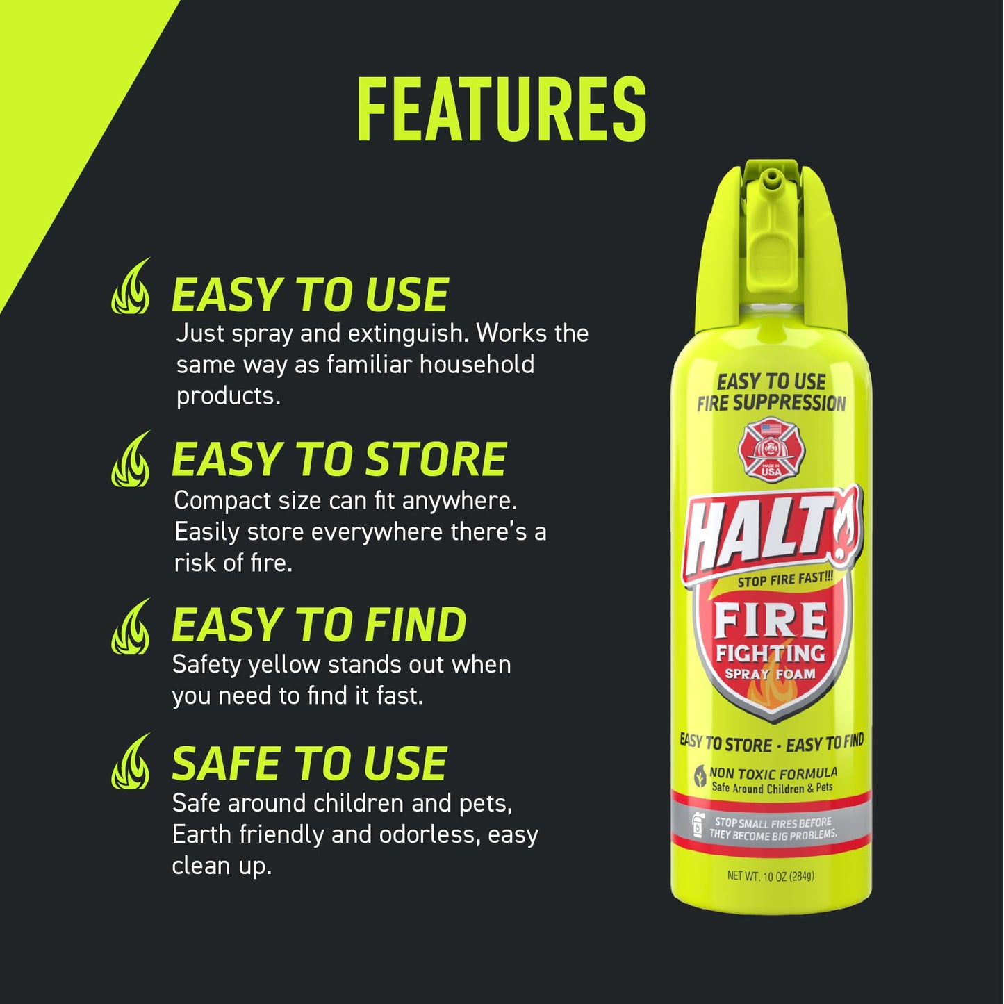 HALT! 10oz Fire Safety Spray – Non-Toxic, PFAS-Free Handheld Fire Suppressor – Easy to Use, Store & Find – Compact & Portable for Home, Kitchen, Car, BBQ, Camping & Tailgate – Made in USA (4pk)