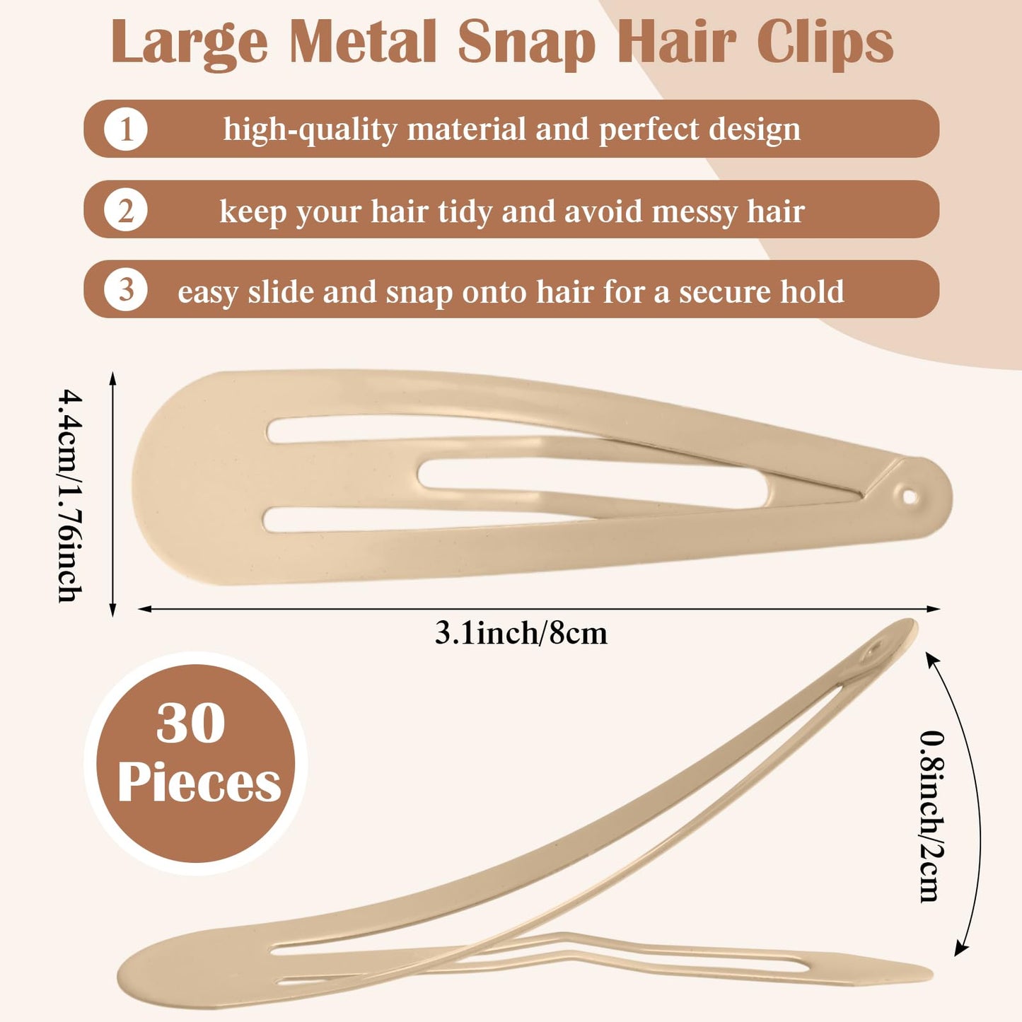 WILLBOND 30 Pieces 3.1 Inch Large Metal Snap Hair Clips Nonslip Barrettes Women Hair Accessories (Taupe)