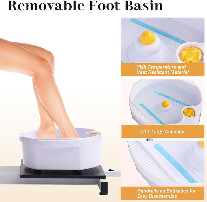 Pedicure Station No Plumbing, Hydraulic Pedicure Chair for Nail Tech, Height Adjustable Reclining Pedicure Station Unit, 360 Degree Swivel Foot Spa Chair with Massage Foot Bath (Grey-Sliver)